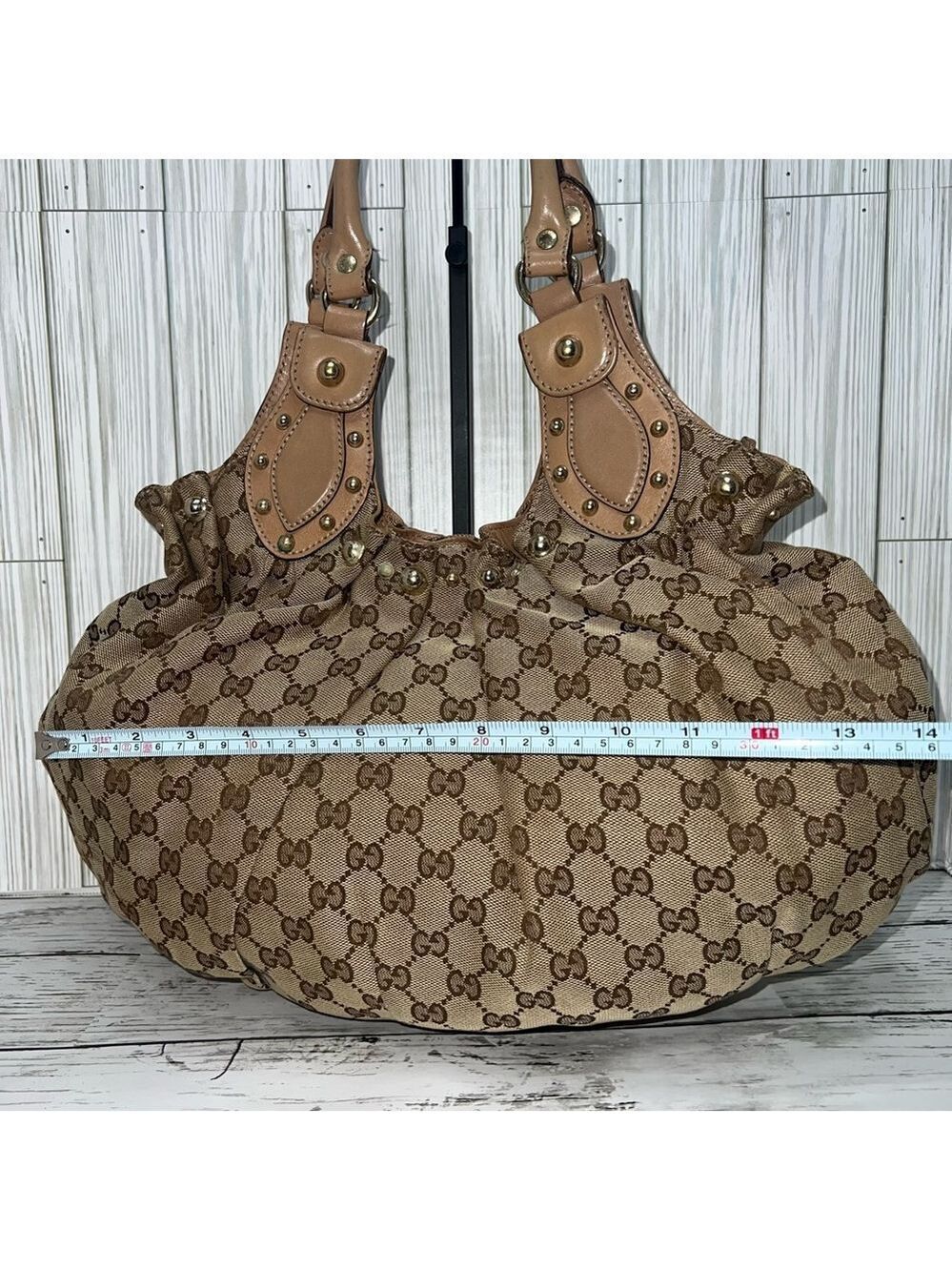 Gucci Sukey Large Tote Bag | GG Monogram Canvas with Leather Trim & Stud Details - Picture 10 of 16